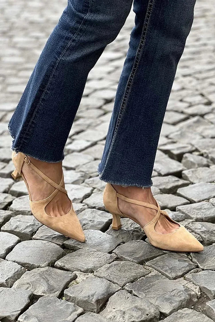 Irene – Low Pointed-Toe Solid Buckle Crossover Strap Heels