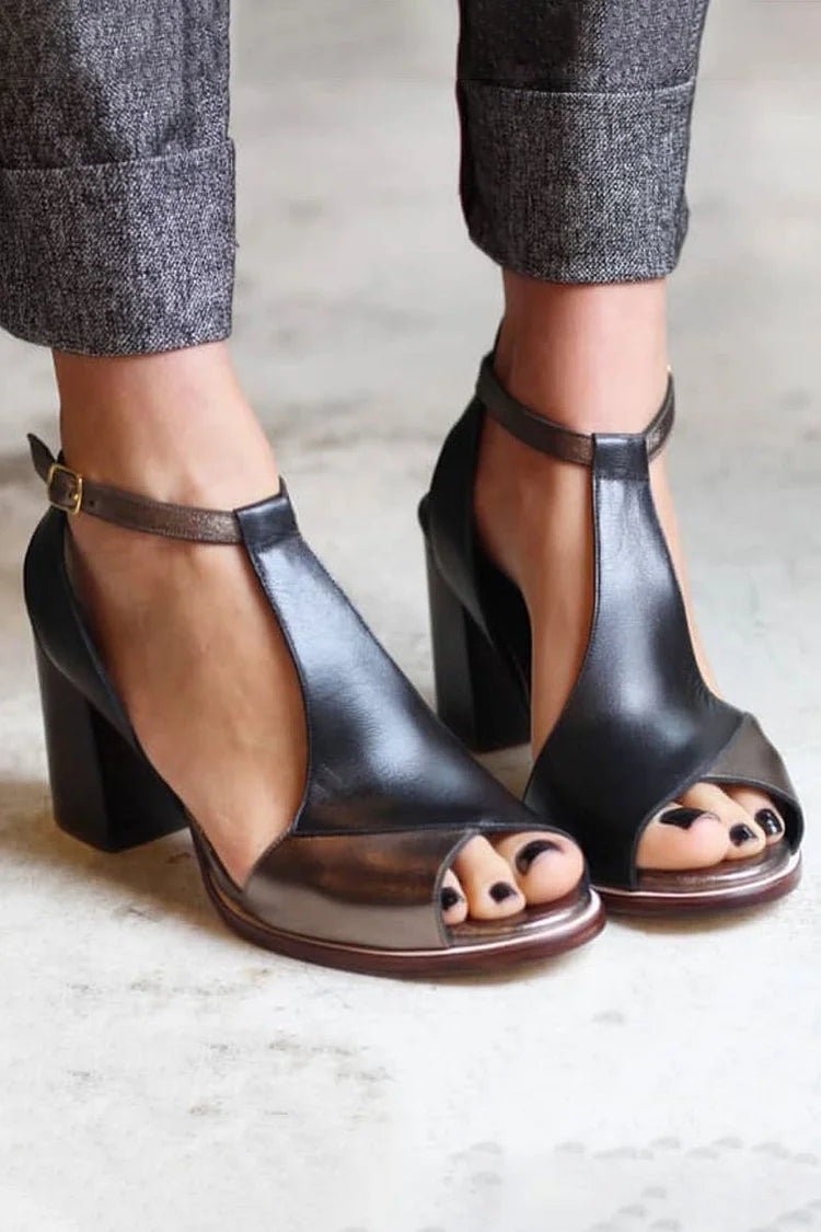 Marguerite – Chunky Peep-Toe Patchwork Ankle Strap Heels
