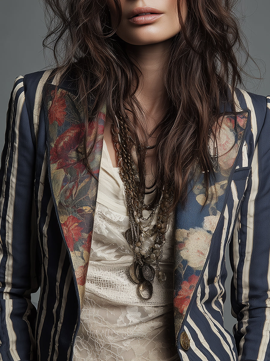 Women's Boho Floral Print Striped Blazer