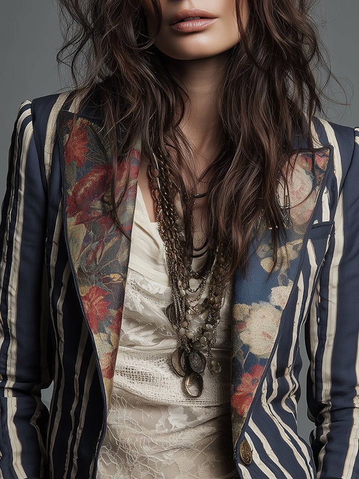 Women's Boho Floral Print Striped Blazer