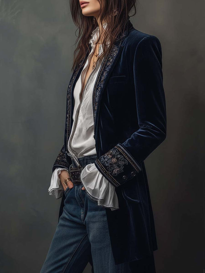 Women's Vintage Navy Embroidered Longline Jacket