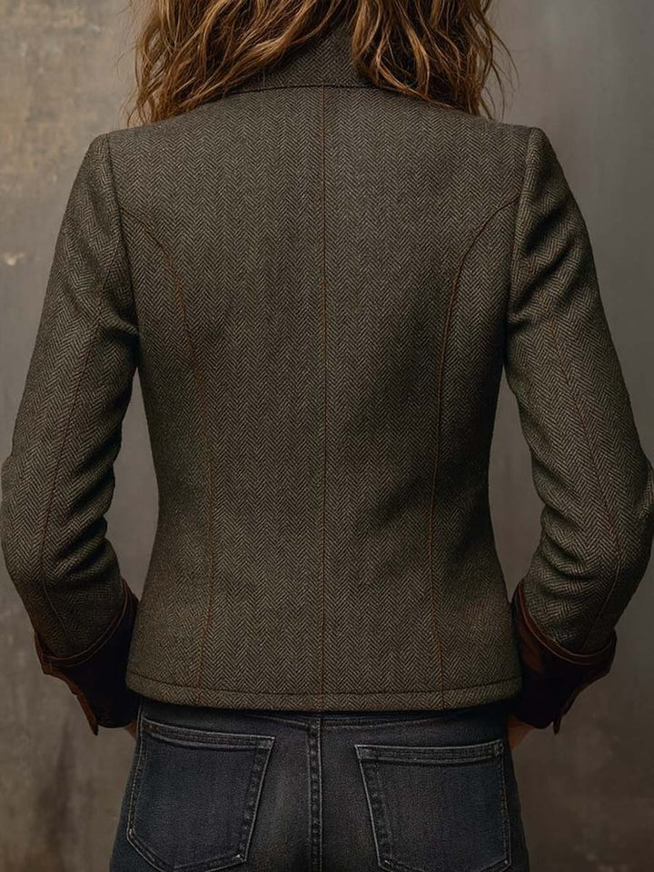 Women's Vintage Herringbone Contrast Trim Blazer