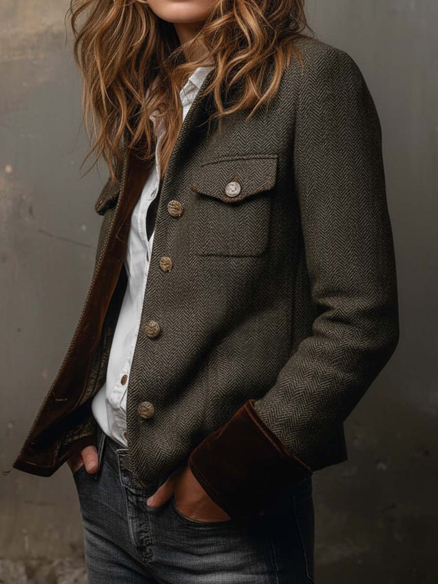 Women's Vintage Herringbone Contrast Trim Blazer
