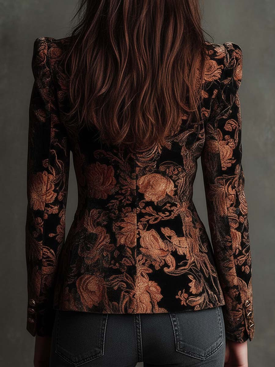 Women's Black And Bronze Floral Print Tailored Blazer