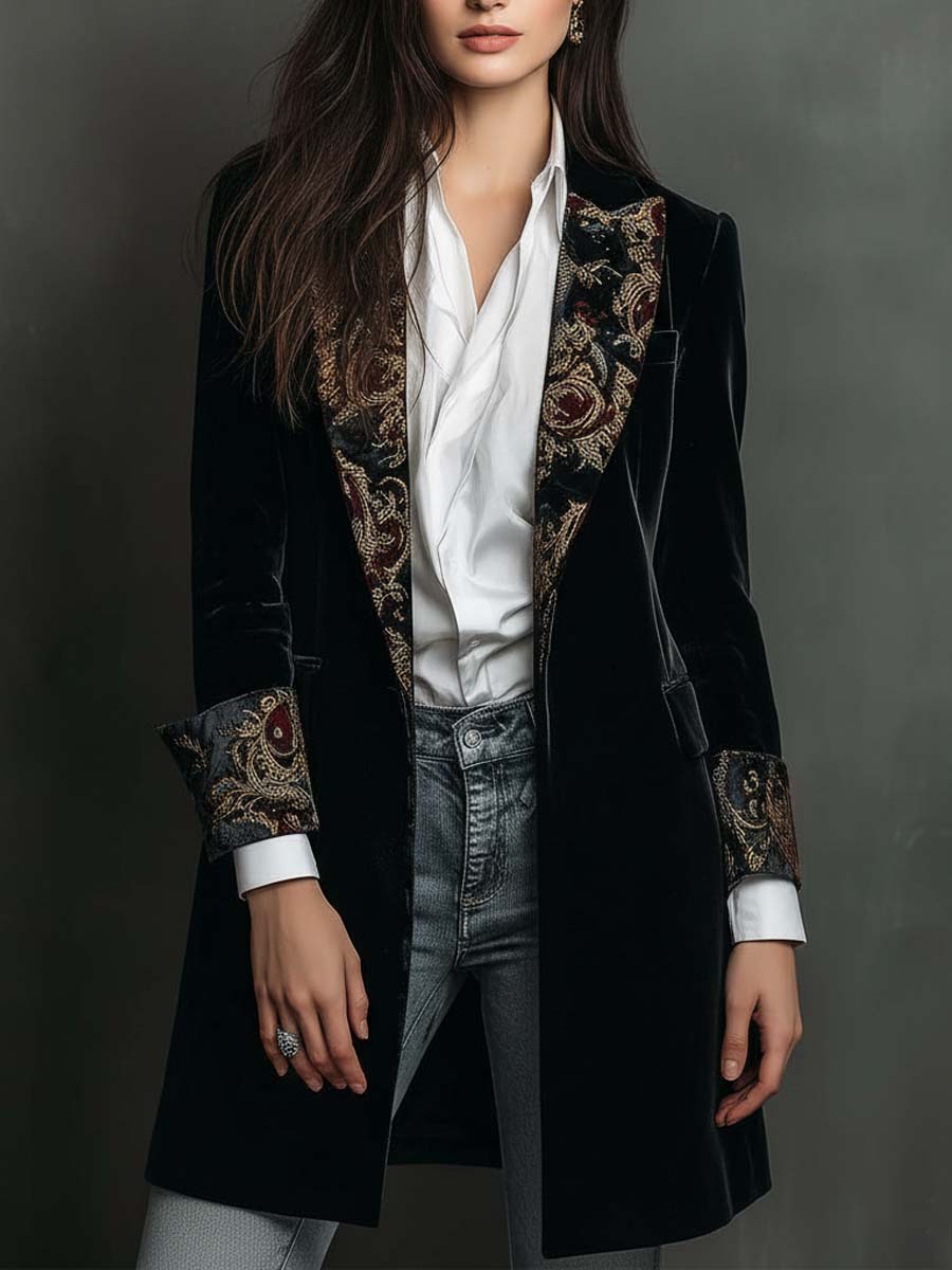 Women's Black Baroque Print Lapel Slim Fit Blazer