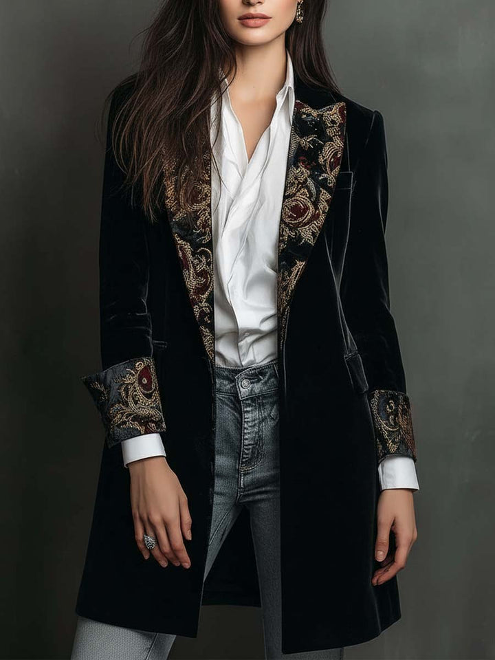 Women's Black Baroque Print Lapel Slim Fit Blazer