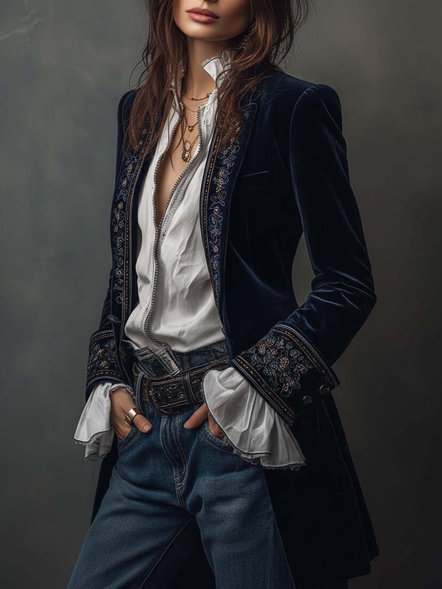 Women's Vintage Navy Embroidered Longline Jacket