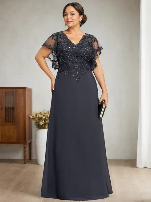 A-Line V-Neck Floor-Length Lace Chiffon Mother of the Bride Dress with Sequins