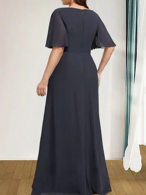 A-Line Scoop Floor-Length Chiffon Mother of the Bride Dress with Cascading Ruffles, Beading, and Sequins