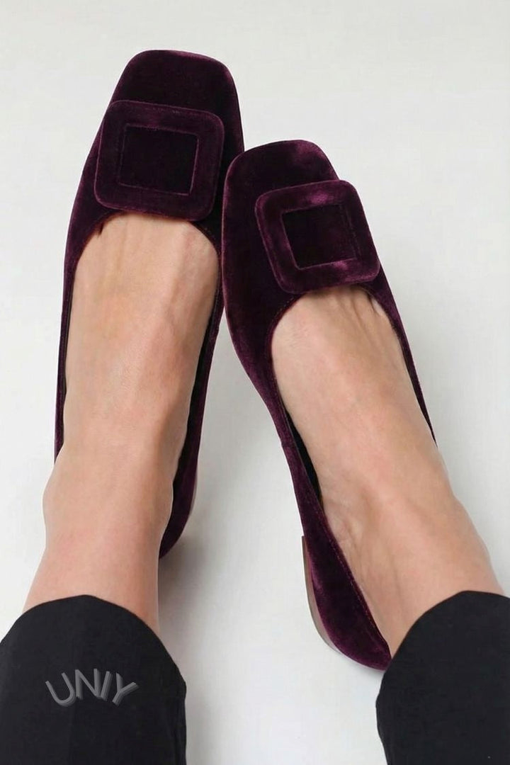 Natalia | Square-Toe Velvet Buckle Flats