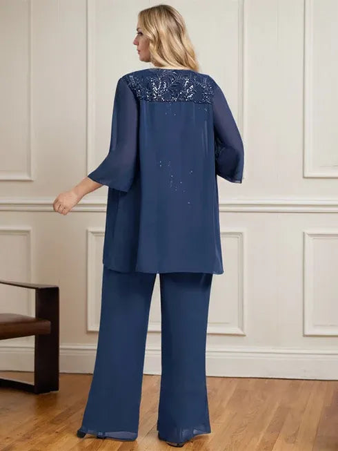 Floor-Length Lace Chiffon Mother of the Bride Jumpsuit/Pantsuit with Scoop Neck and Sequins