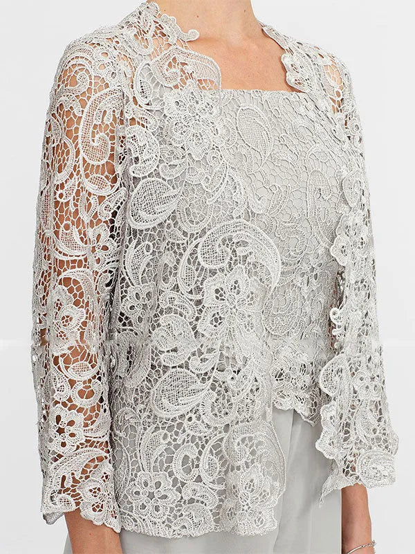 3-Piece Chiffon Square Neck Mother of the Bride Pantsuit Set with Jacket