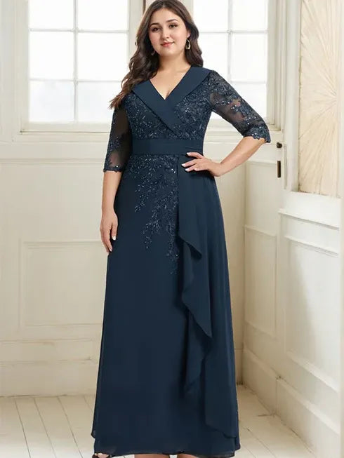 A-Line Collared V-Neck Floor-Length Lace Chiffon Mother of the Bride Dress with Sequins and Cascading Ruffles