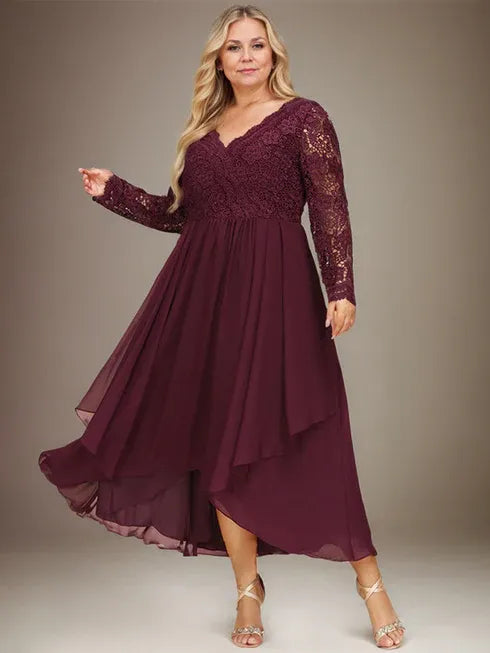 A-Line V-Neck Asymmetrical Lace Chiffon Mother of the Bride Dress