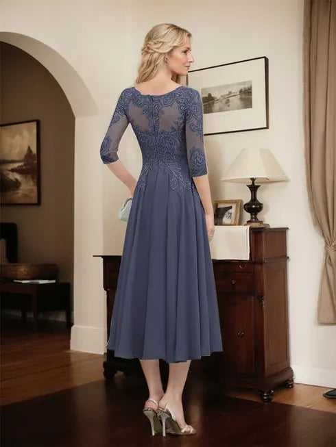 A-Line Scoop Neck Illusion Tea-Length Chiffon and Lace Mother of the Bride Dress with Beading and Sequins