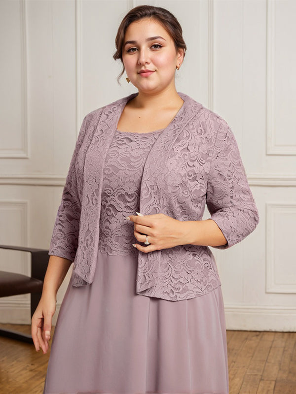 A-Line Scoop Neck Tea-Length Lace Chiffon Mother of the Bride Dress