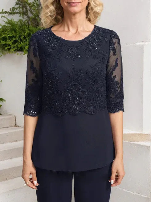 Floor-Length Chiffon Lace Jumpsuit and Pantsuit Separates with Sequins – Perfect Mother of the Bride Dress
