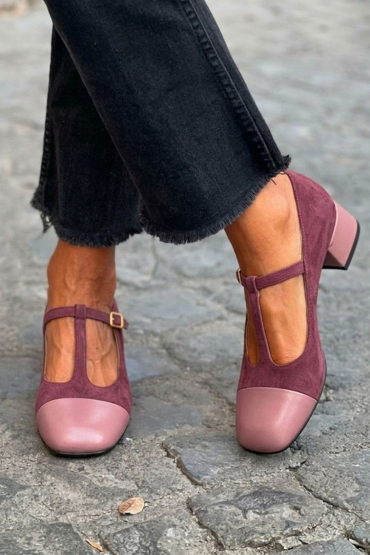 Elise | Chunky Round-Toe Buckle T-Strap Heels