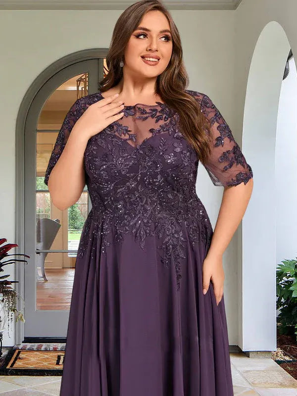 A-Line Scoop Neck Illusion Asymmetrical Chiffon and Lace Mother of the Bride Dress with Sequins