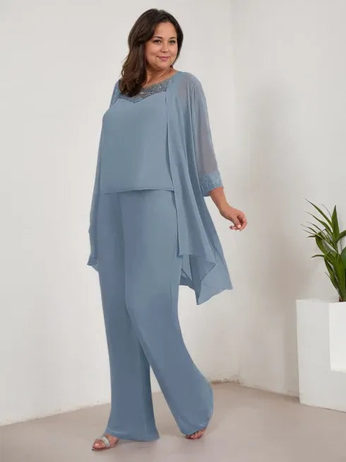 Chiffon Scoop Neck Long Sleeve Mother of the Bride Pantsuit with Jacket