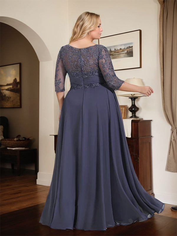 A-Line Scoop Neck Illusion Floor-Length Chiffon and Lace Mother of the Bride Dress with Pleated Sequins