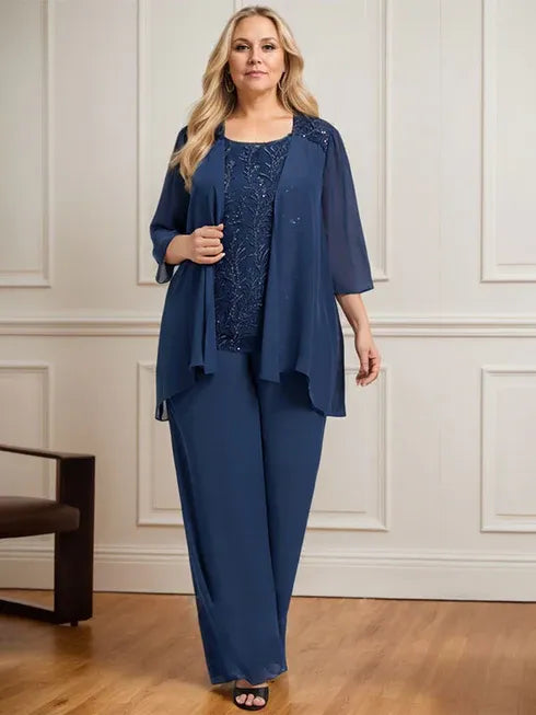 Floor-Length Lace Chiffon Mother of the Bride Jumpsuit/Pantsuit with Scoop Neck and Sequins