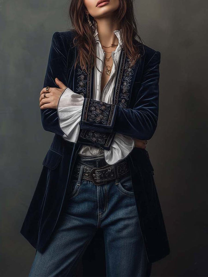 Women's Vintage Navy Embroidered Longline Jacket