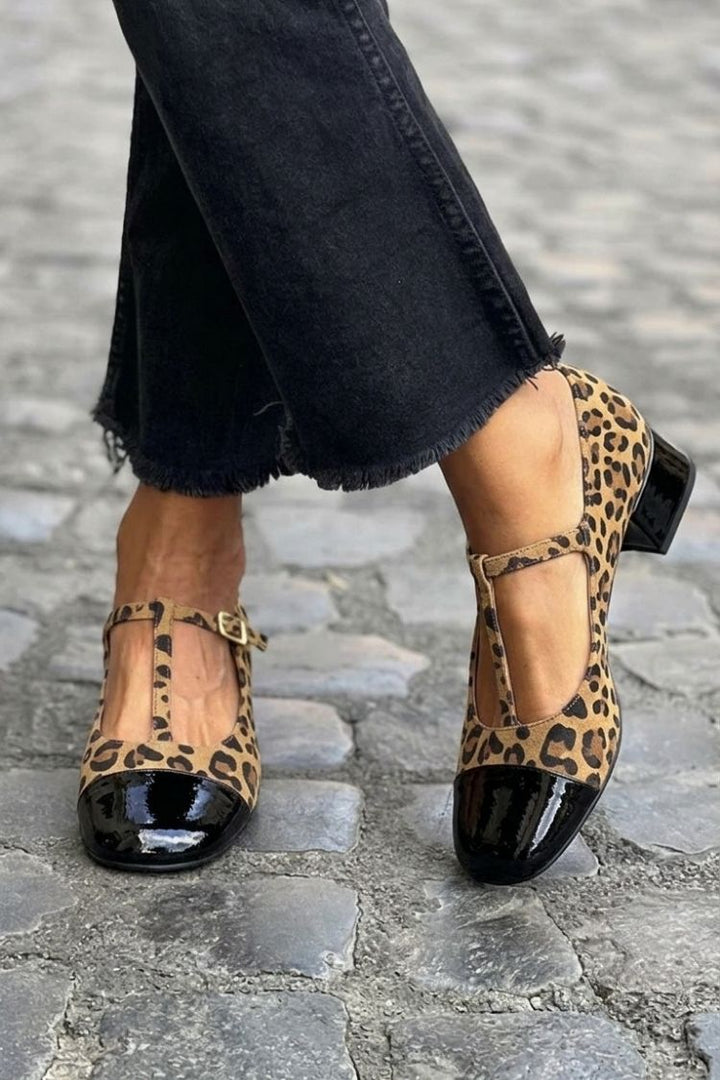 Elise | Chunky Round-Toe Buckle T-Strap Heels