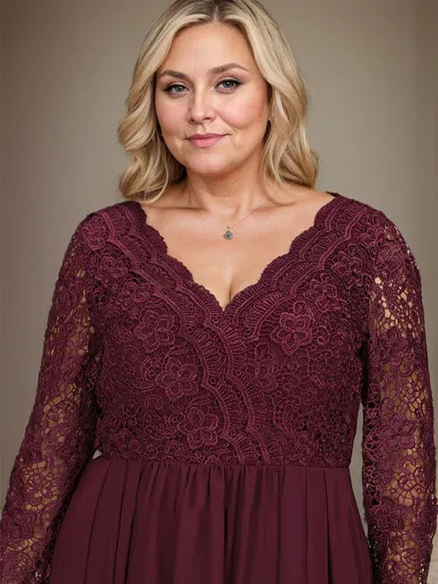 A-Line V-Neck Asymmetrical Lace Chiffon Mother of the Bride Dress