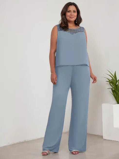Chiffon Scoop Neck Long Sleeve Mother of the Bride Pantsuit with Jacket