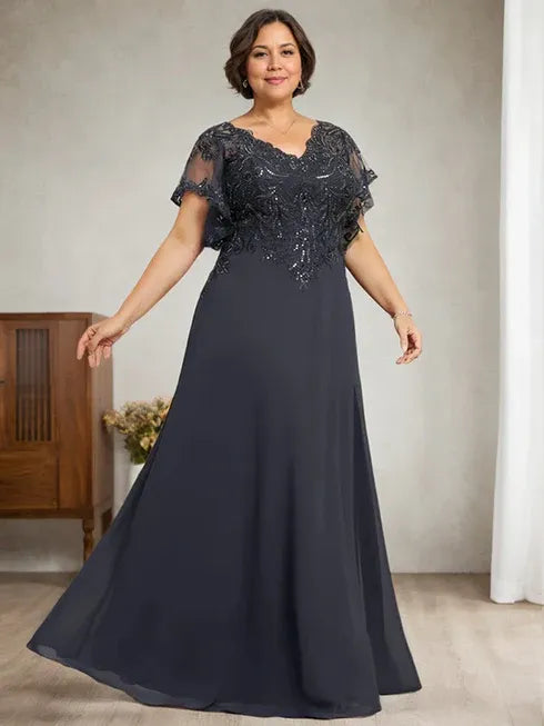 A-Line V-Neck Floor-Length Lace Chiffon Mother of the Bride Dress with Sequins