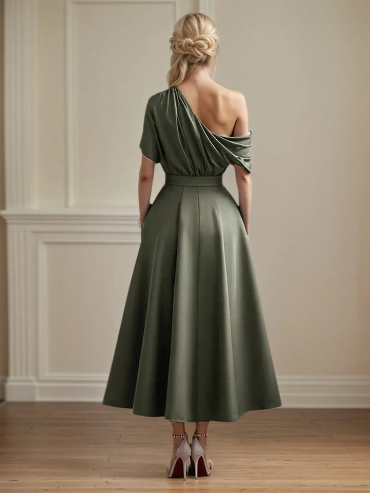 One-Shoulder Satin A-Line Pleated Ankle-Length Mother of the Bride Dress