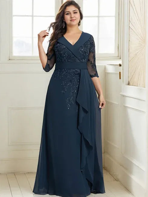 A-Line Collared V-Neck Floor-Length Lace Chiffon Mother of the Bride Dress with Sequins and Cascading Ruffles