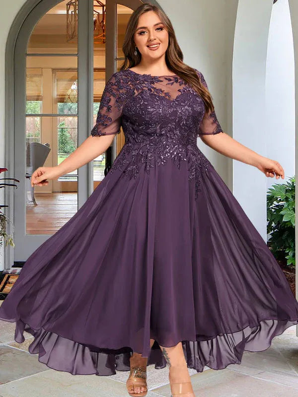 A-Line Scoop Neck Illusion Asymmetrical Chiffon and Lace Mother of the Bride Dress with Sequins