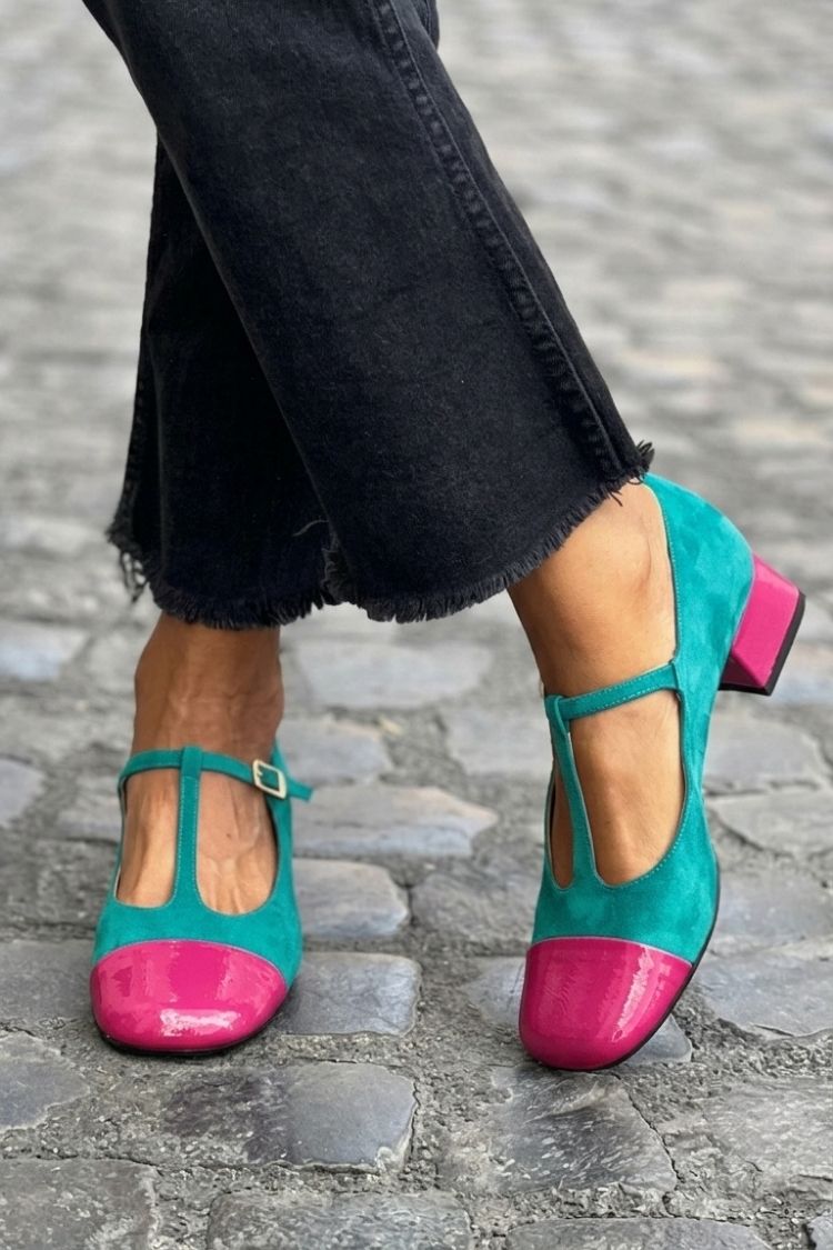 Elise | Chunky Round-Toe Buckle T-Strap Heels