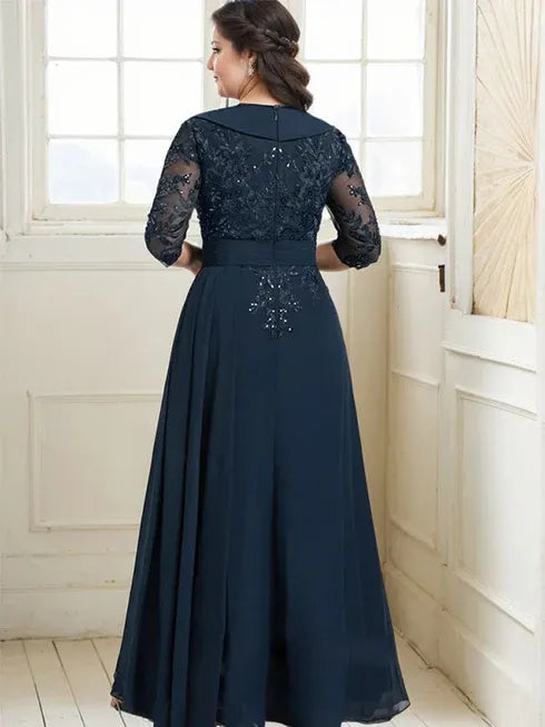 A-Line Collared V-Neck Floor-Length Lace Chiffon Mother of the Bride Dress with Sequins and Cascading Ruffles