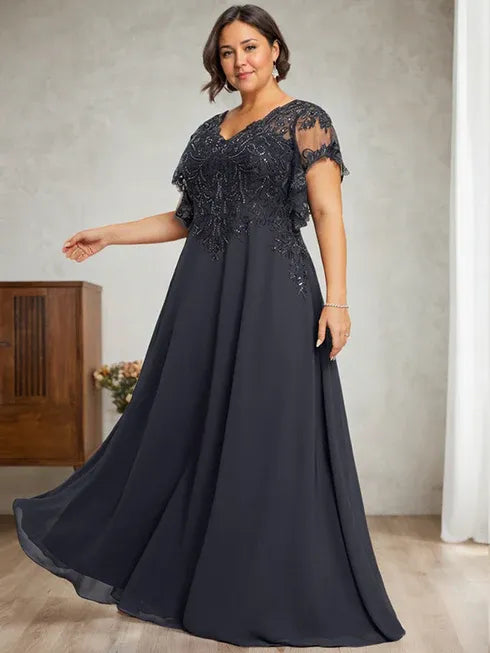 A-Line V-Neck Floor-Length Lace Chiffon Mother of the Bride Dress with Sequins
