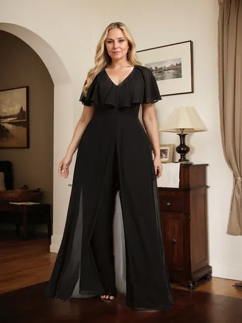 V-Neck Floor-Length Chiffon Jumpsuit/Pantsuit Evening Dress