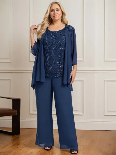 Floor-Length Lace Chiffon Mother of the Bride Jumpsuit/Pantsuit with Scoop Neck and Sequins