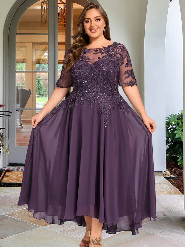 A-Line Scoop Neck Illusion Asymmetrical Chiffon and Lace Mother of the Bride Dress with Sequins