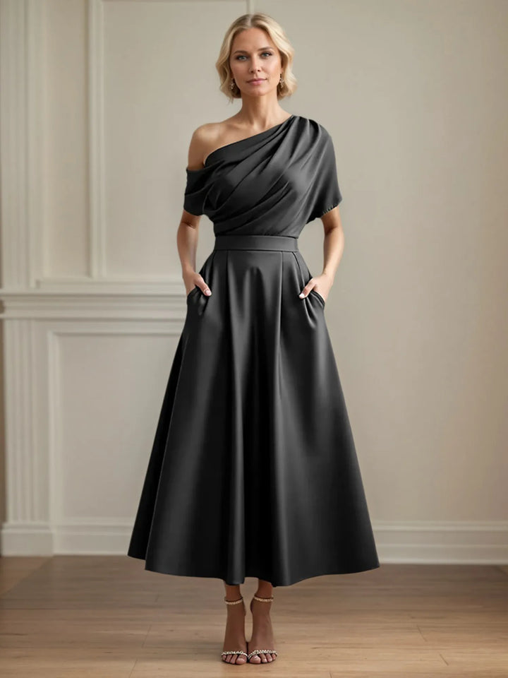 One-Shoulder Satin A-Line Pleated Ankle-Length Mother of the Bride Dress