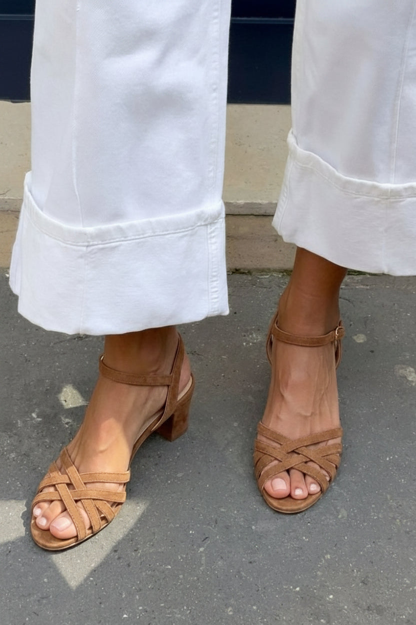 Evelyn – Suede Ankle Buckle Crossover Strap Sandals