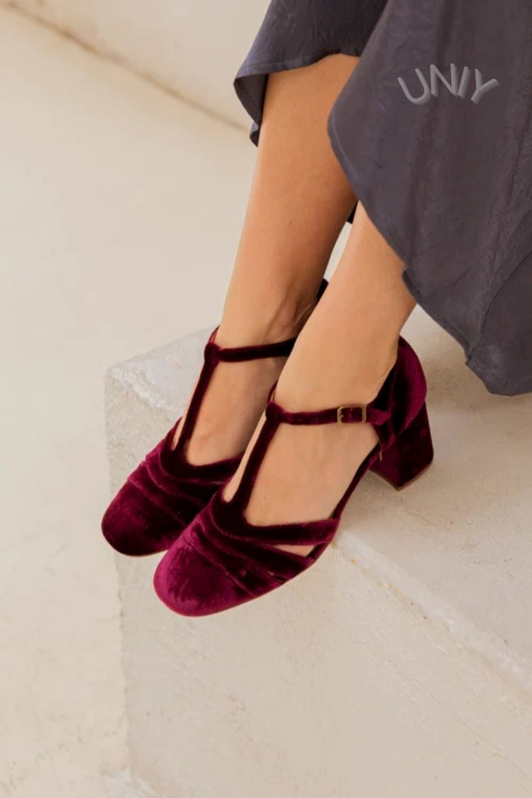 Maureen | Chunky Cut-Out Velvet Buckle T-Strap Heels