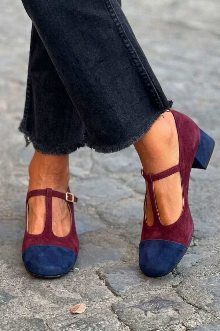 Hyacinth | Chunky Patchwork Round-Toe Buckle T-Strap Heels