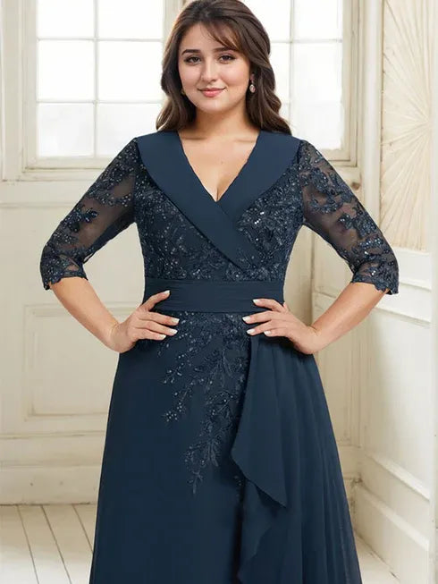 A-Line Collared V-Neck Floor-Length Lace Chiffon Mother of the Bride Dress with Sequins and Cascading Ruffles