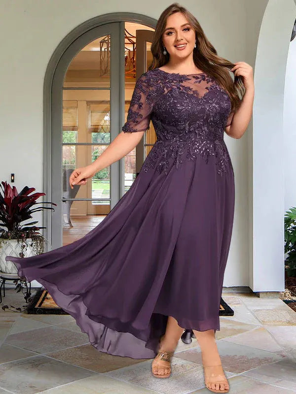 A-Line Scoop Neck Illusion Asymmetrical Chiffon and Lace Mother of the Bride Dress with Sequins