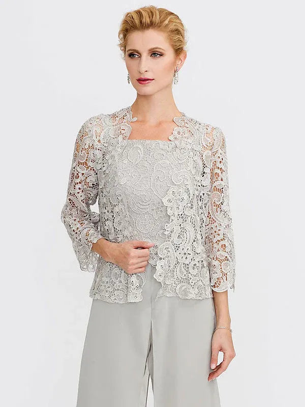 3-Piece Chiffon Square Neck Mother of the Bride Pantsuit Set with Jacket