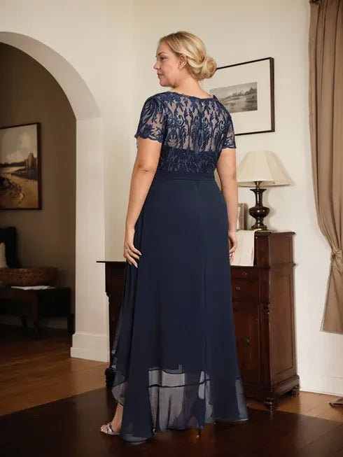 A-Line Scoop Neck Illusion Asymmetrical Chiffon Lace Mother of the Bride Dress with Bow, Ruffle, and Sequins