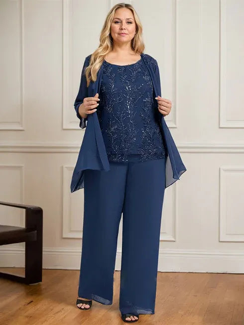Floor-Length Lace Chiffon Mother of the Bride Jumpsuit/Pantsuit with Scoop Neck and Sequins