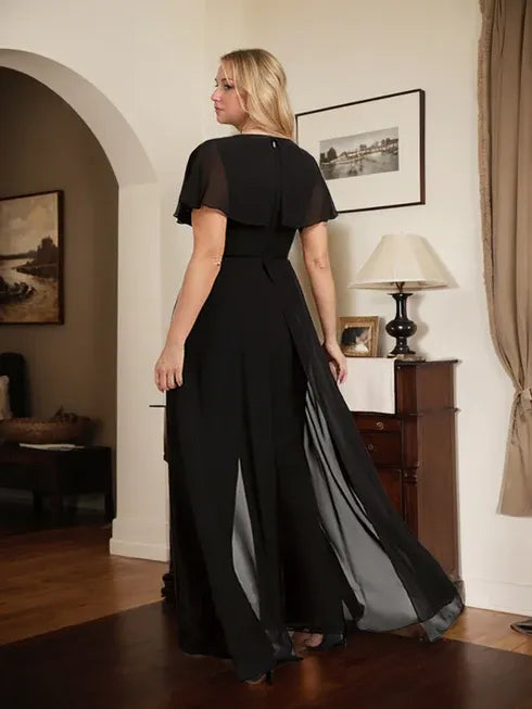 V-Neck Floor-Length Chiffon Jumpsuit/Pantsuit Evening Dress